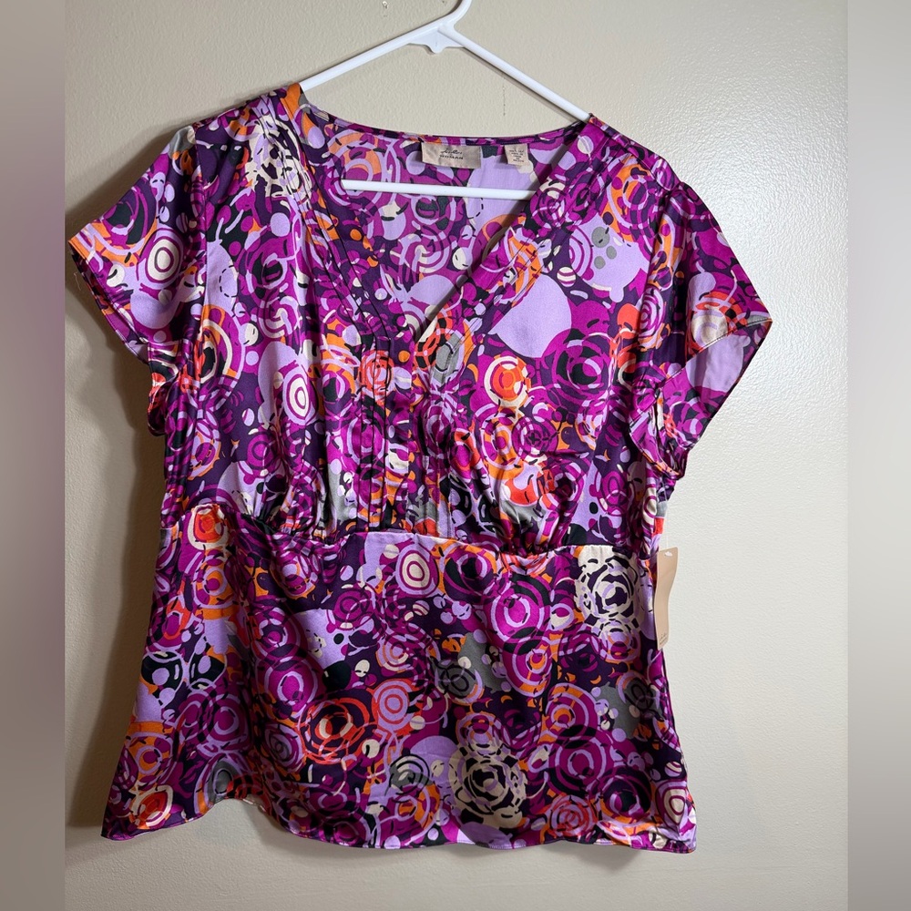 IE Woman 100% Silk Blouse 1X Purple Pink Abstract Print Empire Waist Peplum Top
